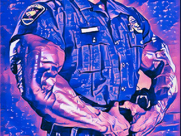 invōk.io petition & crowdfunding social platform - A crowdfunding social platform that invōk.io petition promotes a painting of a police officer in blue and purple.